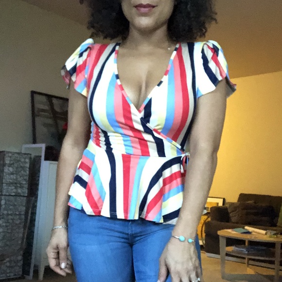 Rainbow striped wrap style top, short sleeve NEW - Picture 2 of 6